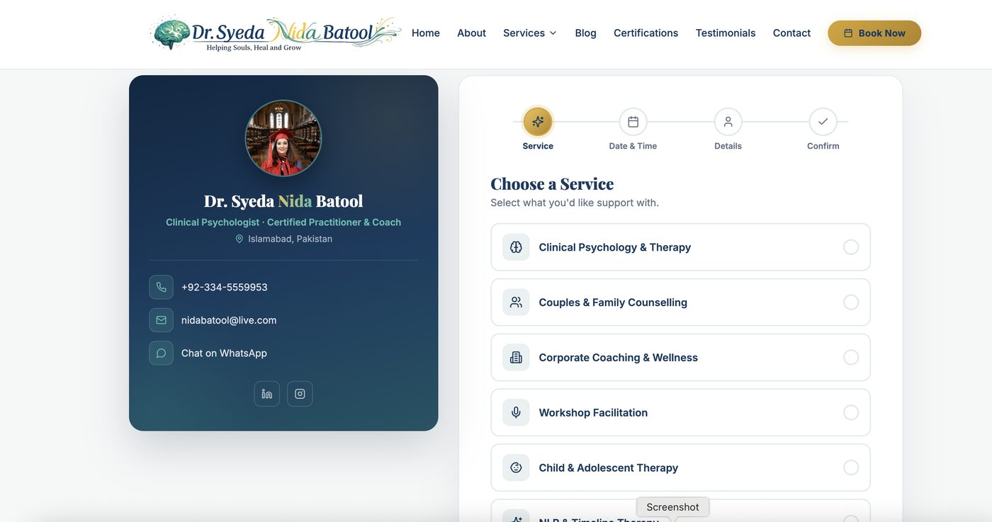 Dr. Syeda Nida Batool website screen 6